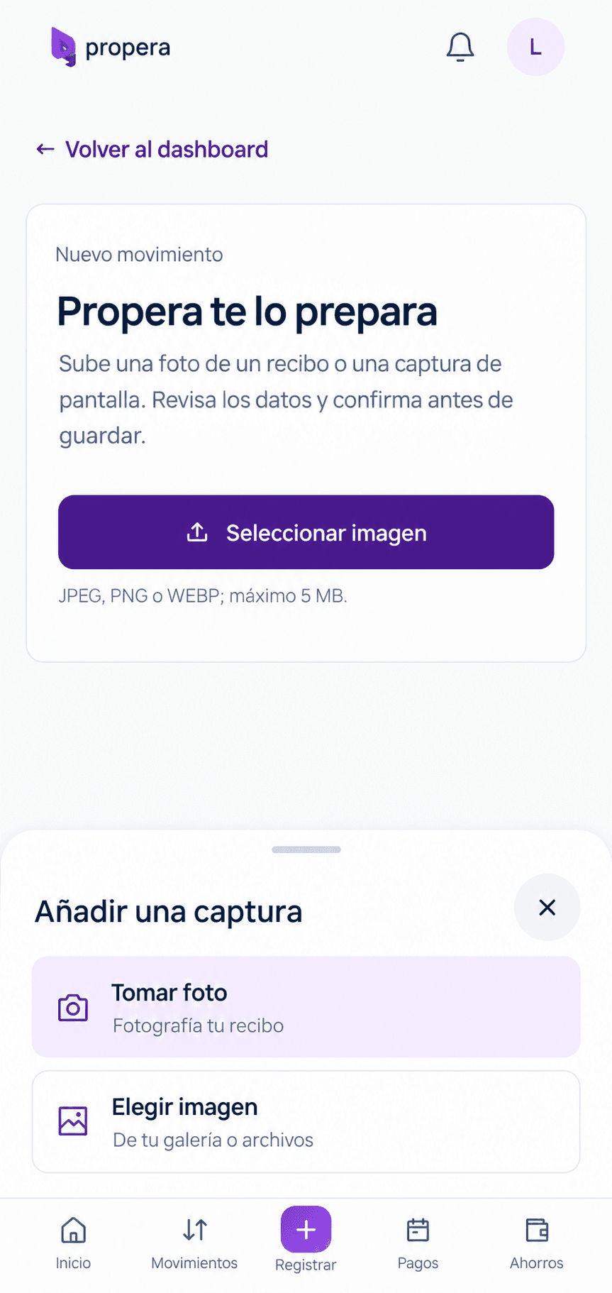 Pantalla de selección de captura de Propera