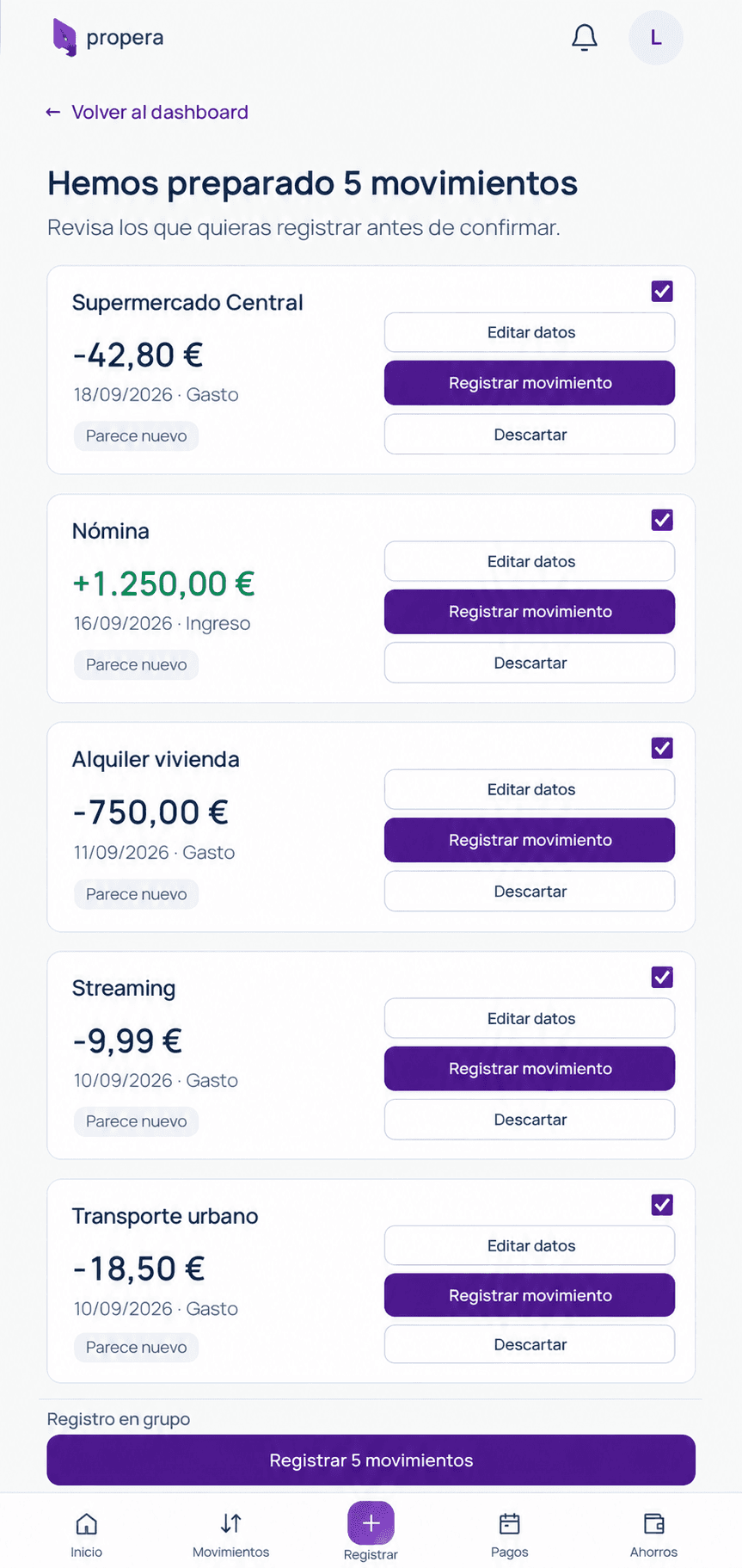 Cinco movimientos preparados para revisar en Propera