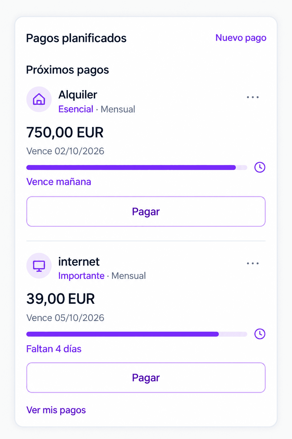 Tarjeta Pagos planificados de Propera