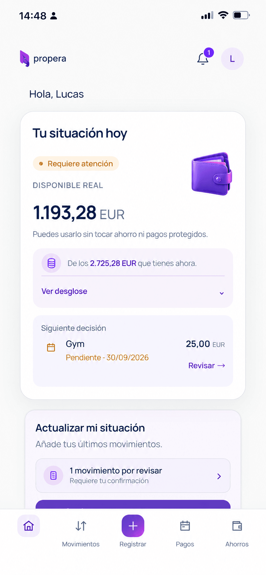 Vista actual del Dashboard de Propera